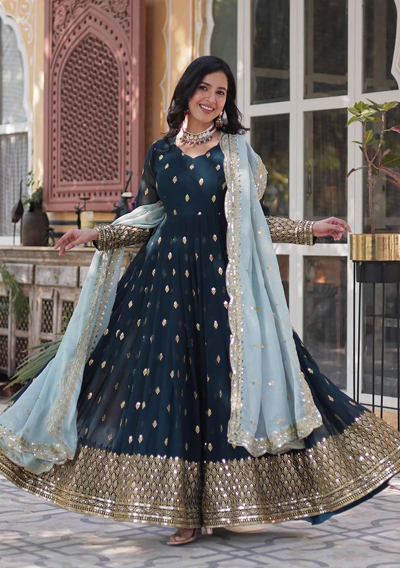 Dark Green Embroidered Georgette Anarkali Set - Indya