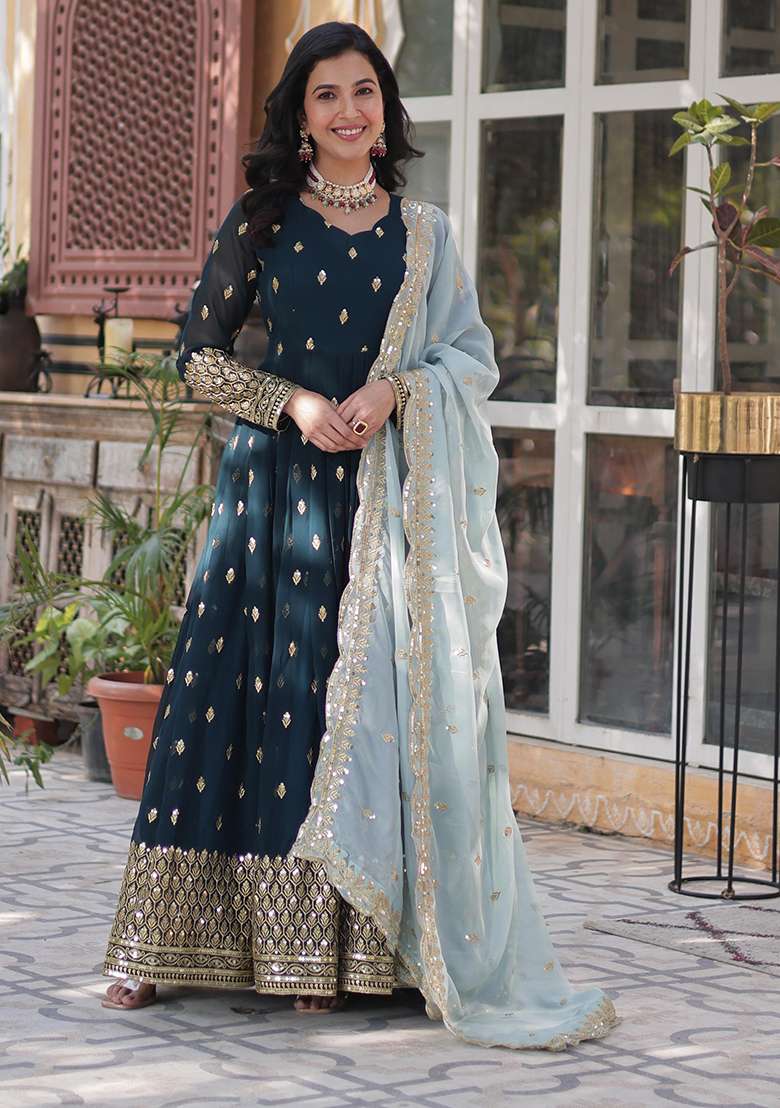 Dark Green Embroidered Georgette Anarkali Set - Indya