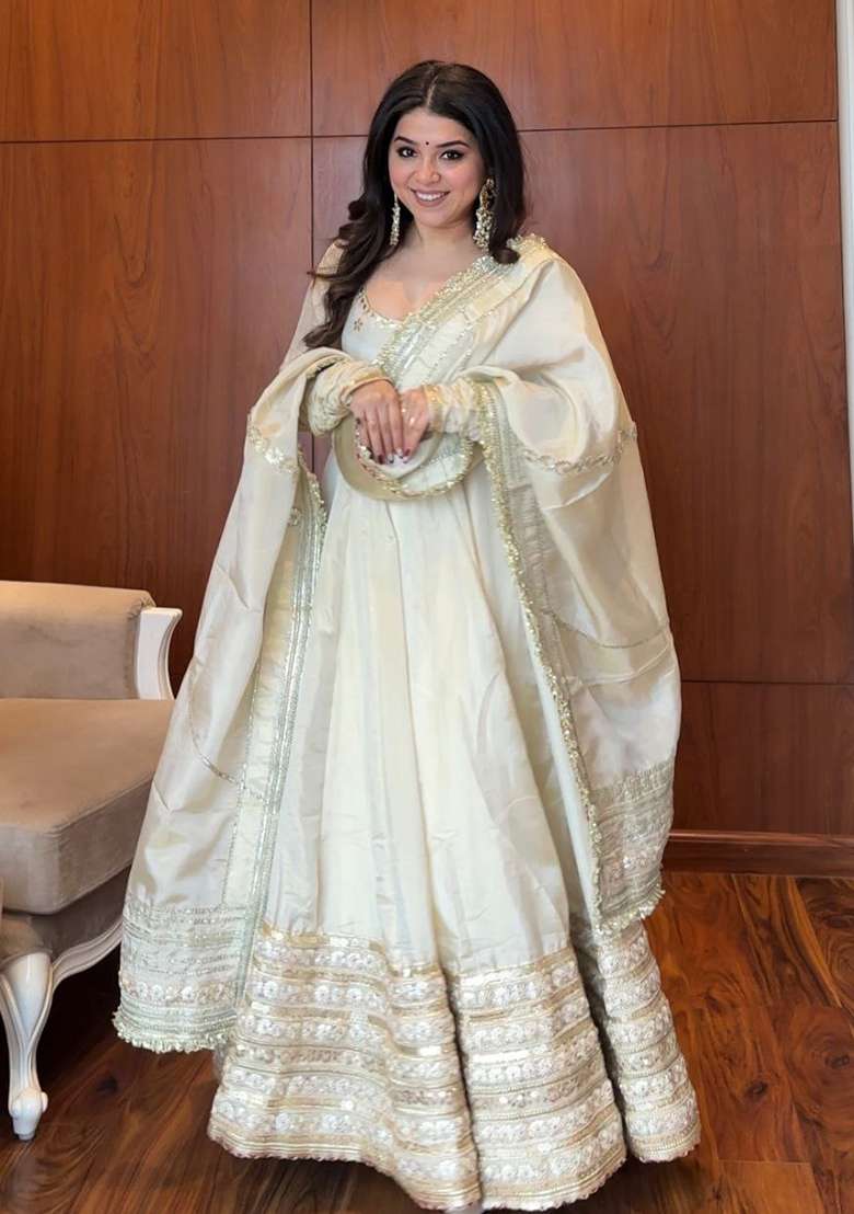 Off White Embroidered Silk Blend Anarkali Set - Indya