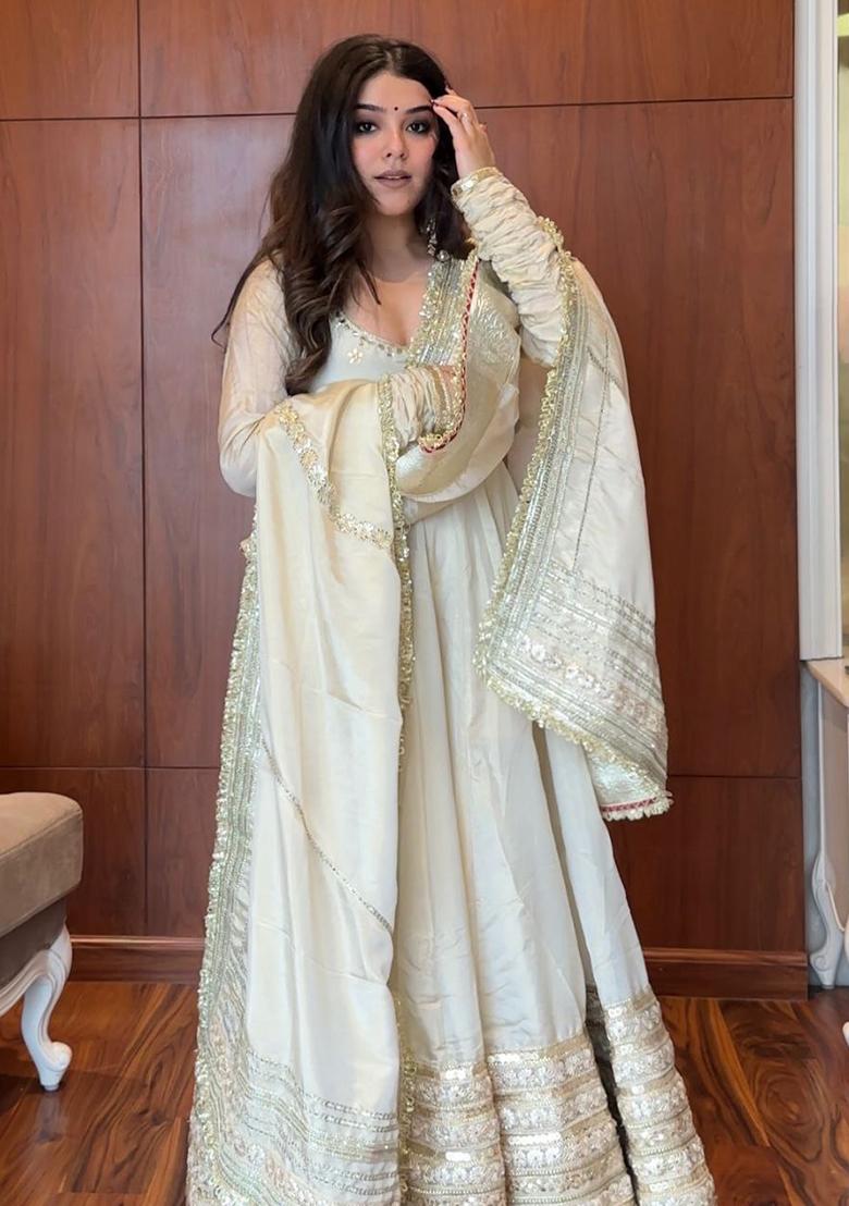 Off White Embroidered Silk Salwar Kameez With Dupatta