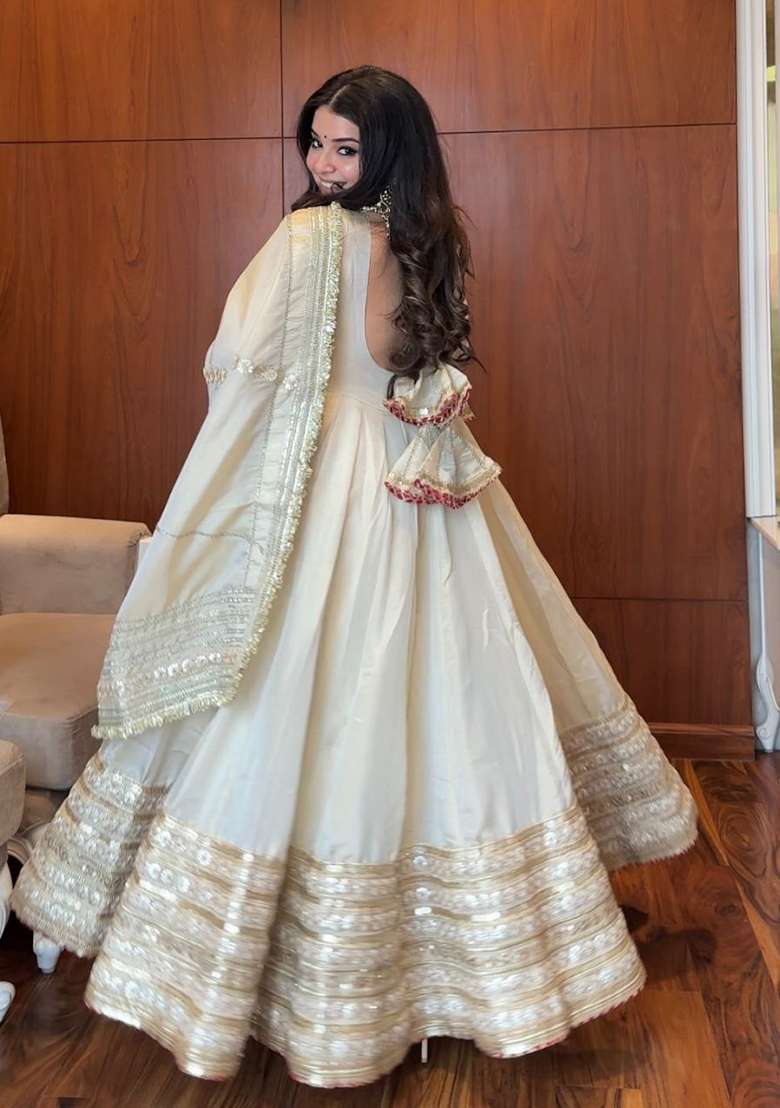 Off White Embroidered Silk Blend Anarkali Set - Indya