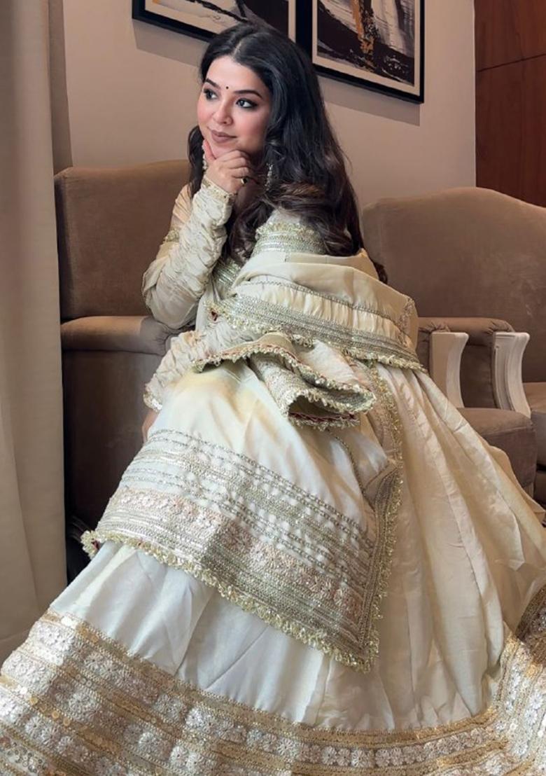 Off White Embroidered Silk Salwar Kameez With Dupatta