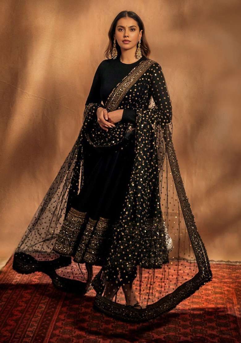 Black Sequin Work Cotton Pakistani Suit Set - Indya