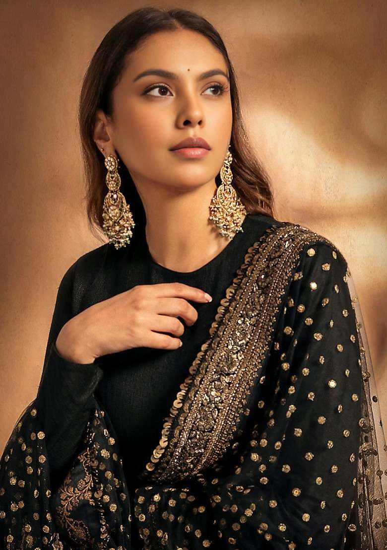 Black Sequin Work Cotton Pakistani Suit Set - Indya