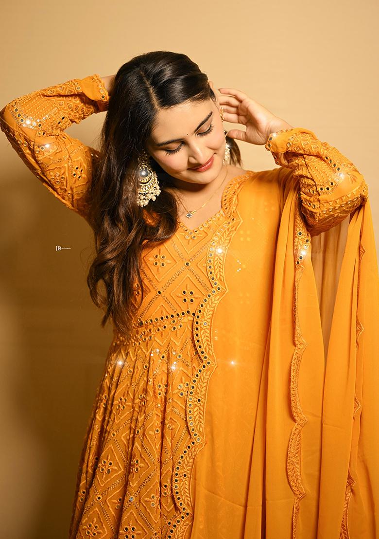 Yellow Embroidered Poly Blend Salwar Kameez With Dupatta