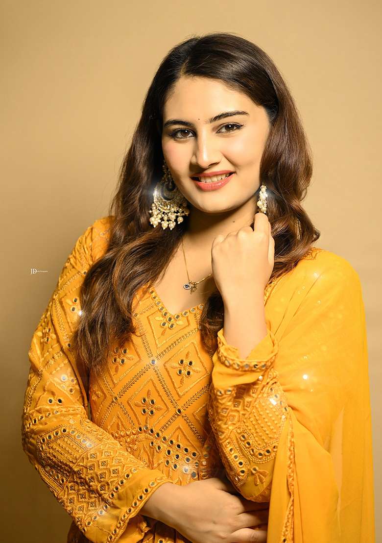 Yellow Embroidered Blended Anarkali Set - Indya