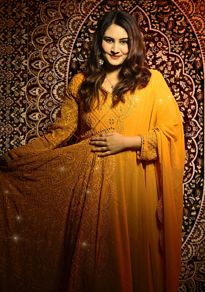 Yellow Embroidered Poly Blend Salwar Kameez With Dupatta