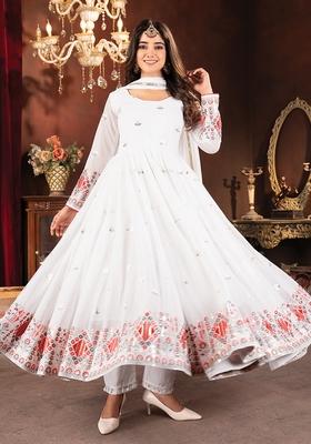 White  Embroidered Poly Blend Salwar Kameez With Dupatta