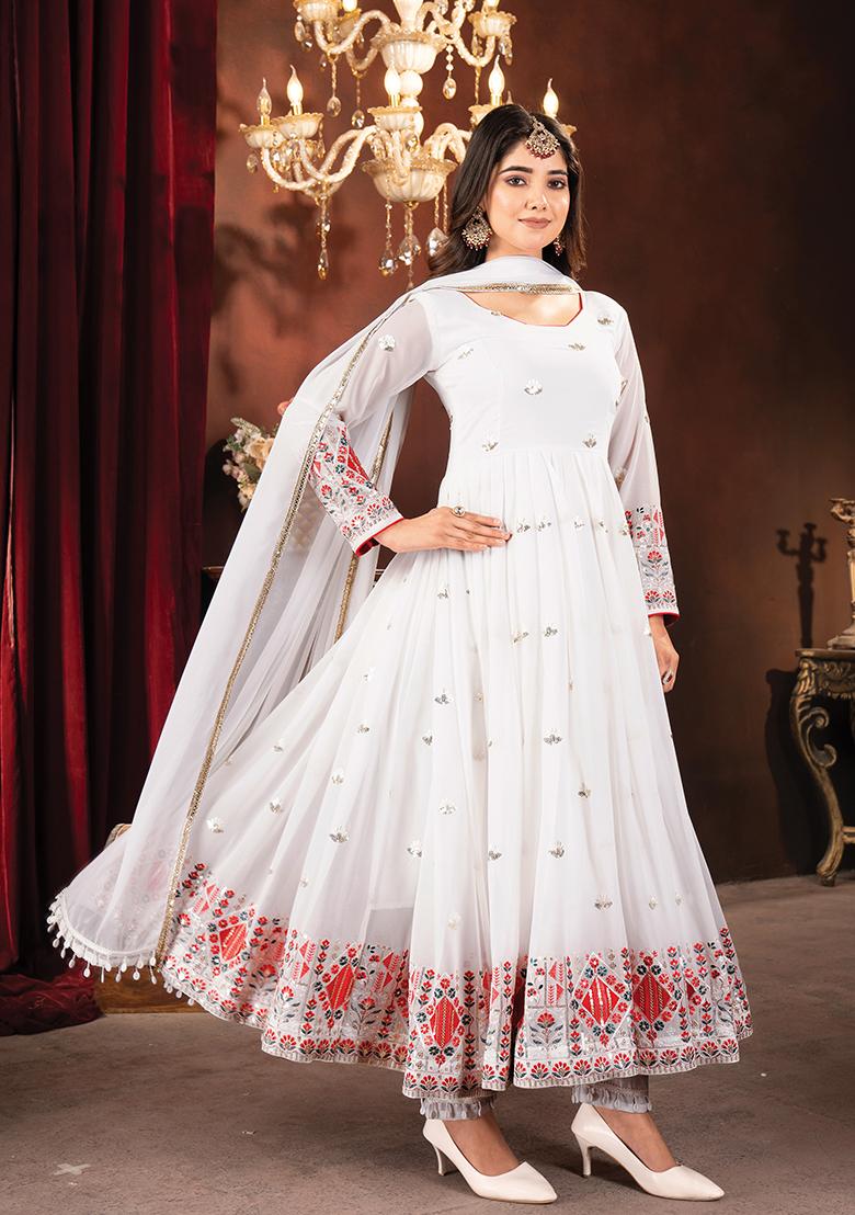 White  Embroidered Poly Blend Salwar Kameez With Dupatta