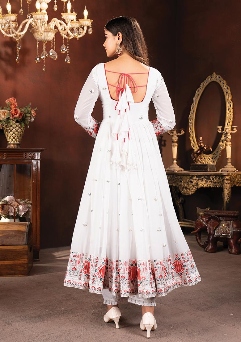 White  Embroidered Poly Blend Salwar Kameez With Dupatta
