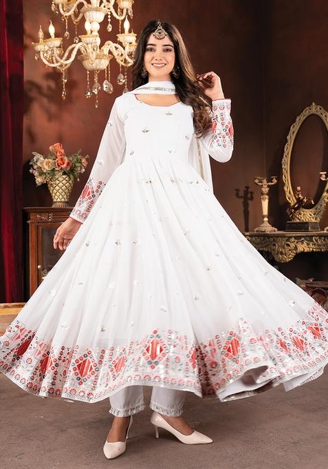 White  Embroidered Poly Blend Salwar Kameez With Dupatta