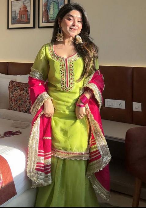 Green Embroidered Poly Blend Salwar Kameez With Dupatta