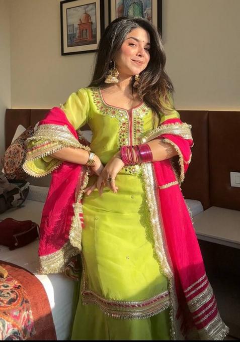 Green Embroidered Poly Blend Salwar Kameez With Dupatta