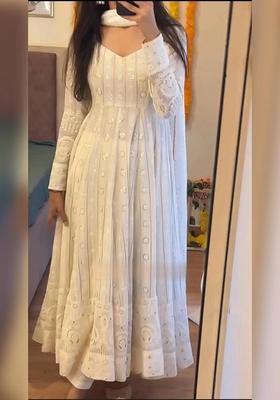 Off White  Embroidered Poly Blend Salwar Kameez With Dupatta