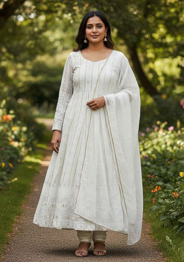 Off White Chikankari Blended Anarkali Set - Indya