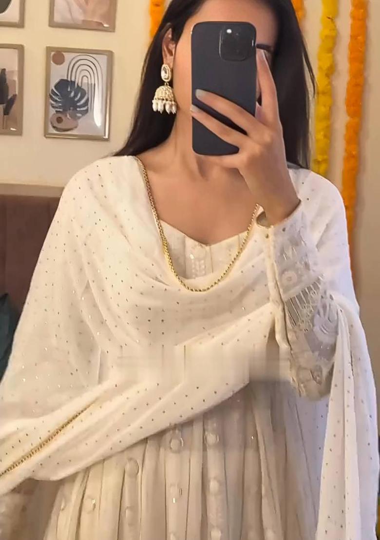 Off White  Embroidered Poly Blend Salwar Kameez With Dupatta
