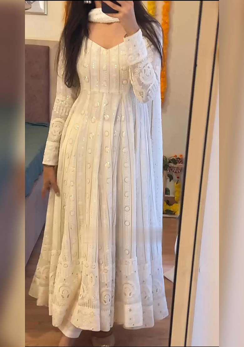 Off White Chikankari Blended Anarkali Set - Indya