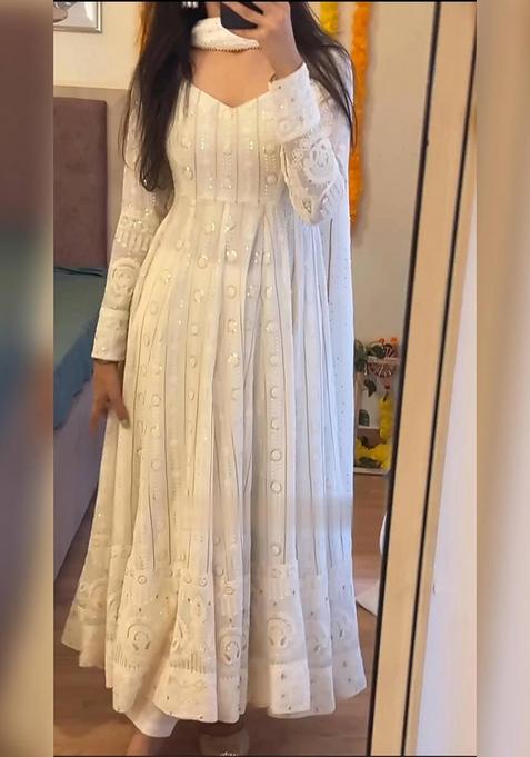 Off White  Embroidered Poly Blend Salwar Kameez With Dupatta