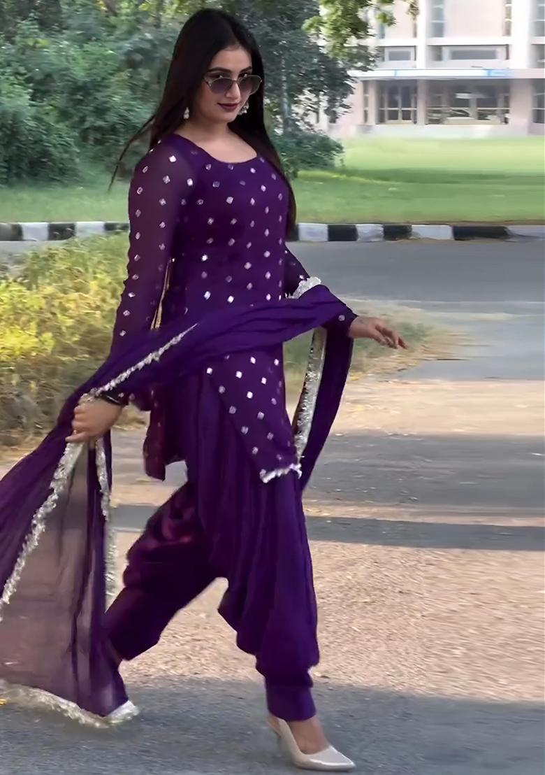 Purple  Embroidered Poly Blend Salwar Kameez With Dupatta