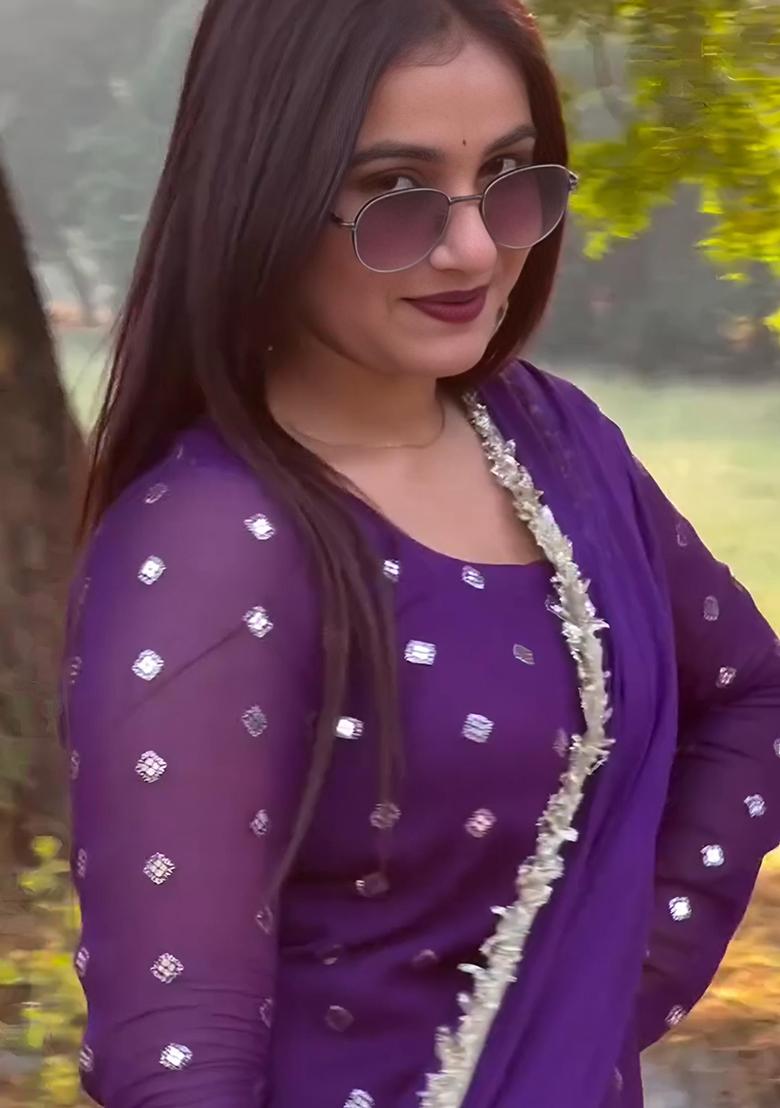 Purple  Embroidered Poly Blend Salwar Kameez With Dupatta