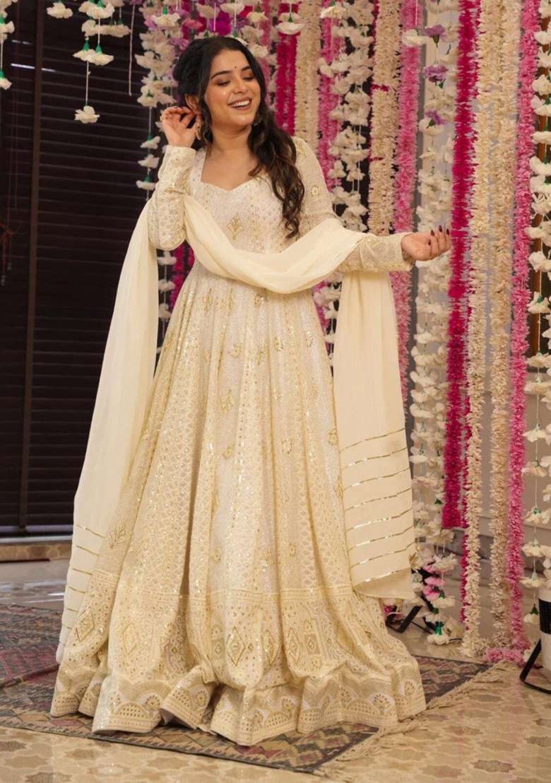 Cream  Embroidered Georgette Salwar Kameez With Dupatta - Indya