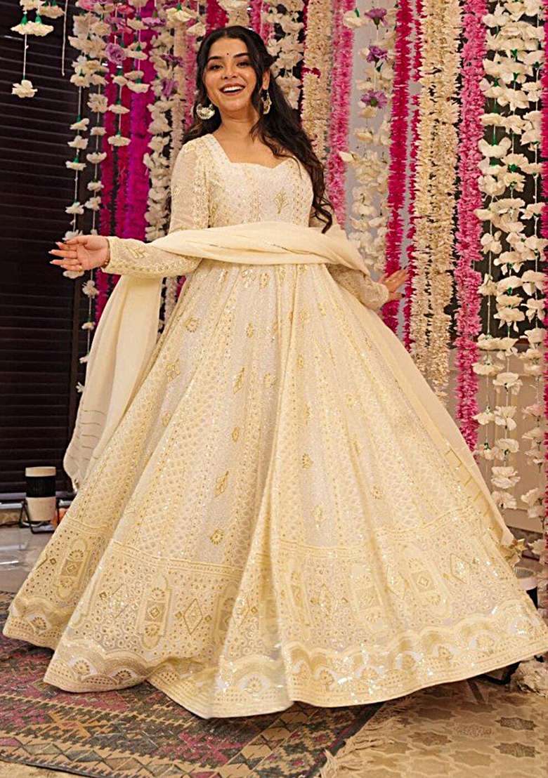 Cream  Embroidered Georgette Salwar Kameez With Dupatta - Indya
