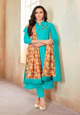 Sky Blue Embroidered Cotton Salwar Kameez With Dupatta