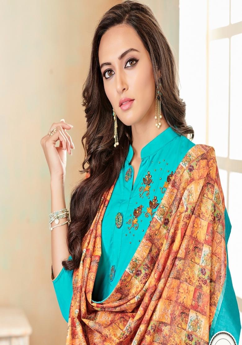 Sky Blue Embroidered Cotton Salwar Kameez With Dupatta