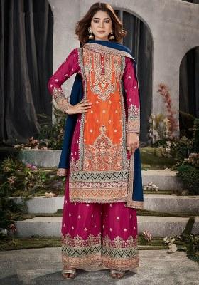 Orange And Magenta Embroidered Silk Palazzo Set With Dupatta