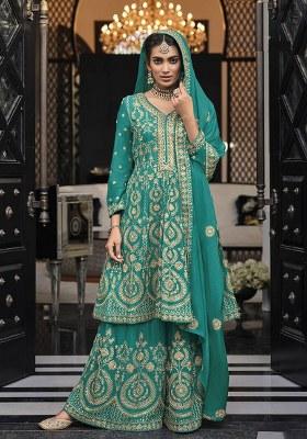 Turquoise Blue Embroidered Georgette Palazzo Set With Dupatta