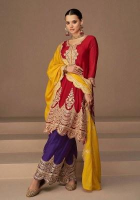 Red Embroidered Chinnon Palazzo Set With Dupatta