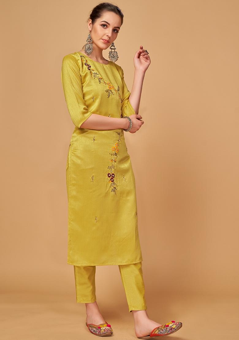 Mustard Yellow Embroidered Silk Salwar Kameez With Dupatta
