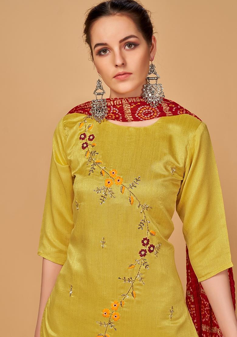 Mustard Yellow Embroidered Silk Salwar Kameez With Dupatta