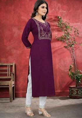 Purple Embroidered Rayon Sharara Set With Dupatta