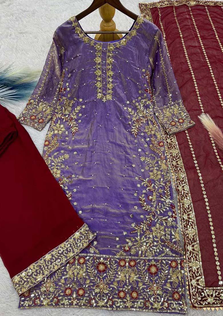 Lavender Silk Embroidered Salwar Kameez With Dupptta