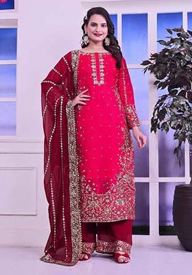 Red Silk Embroidered Salwar Kameez With Dupptta