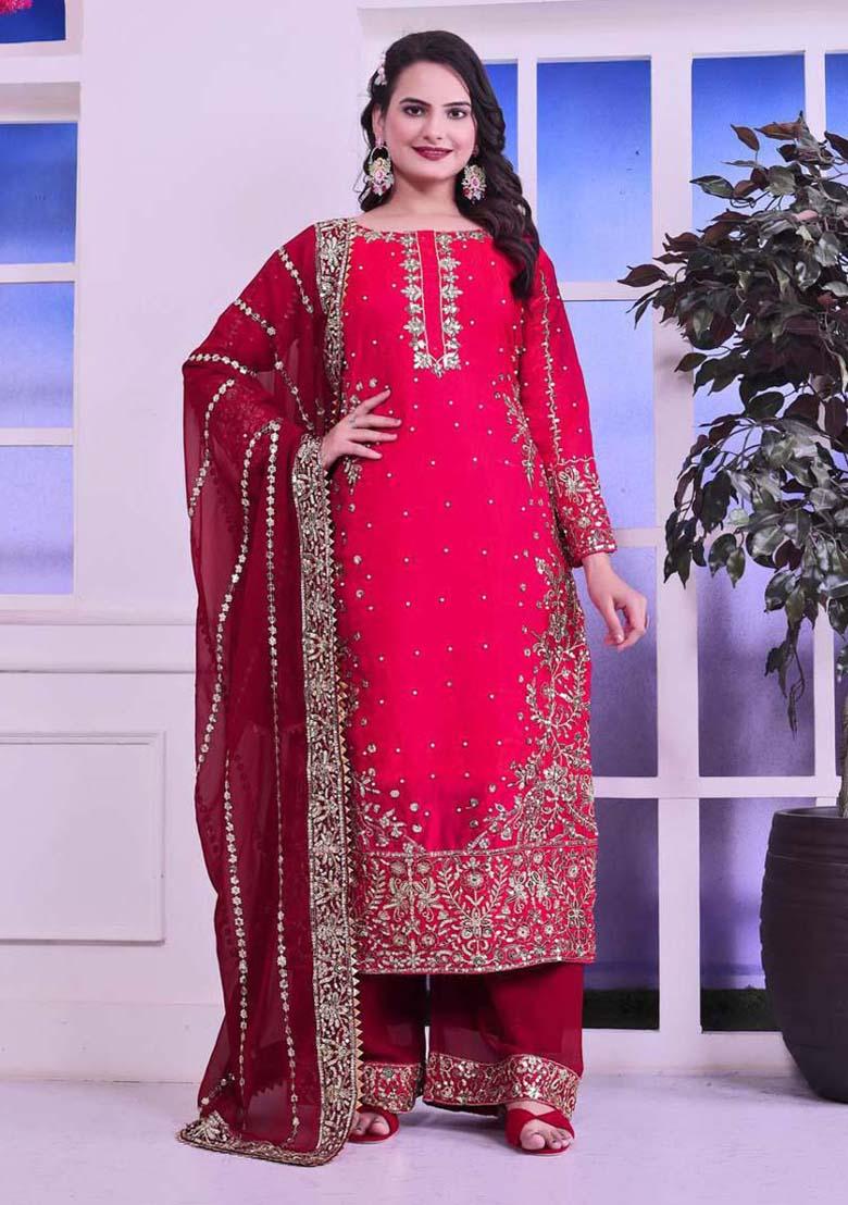 Red Silk Embroidered Salwar Kameez With Dupptta