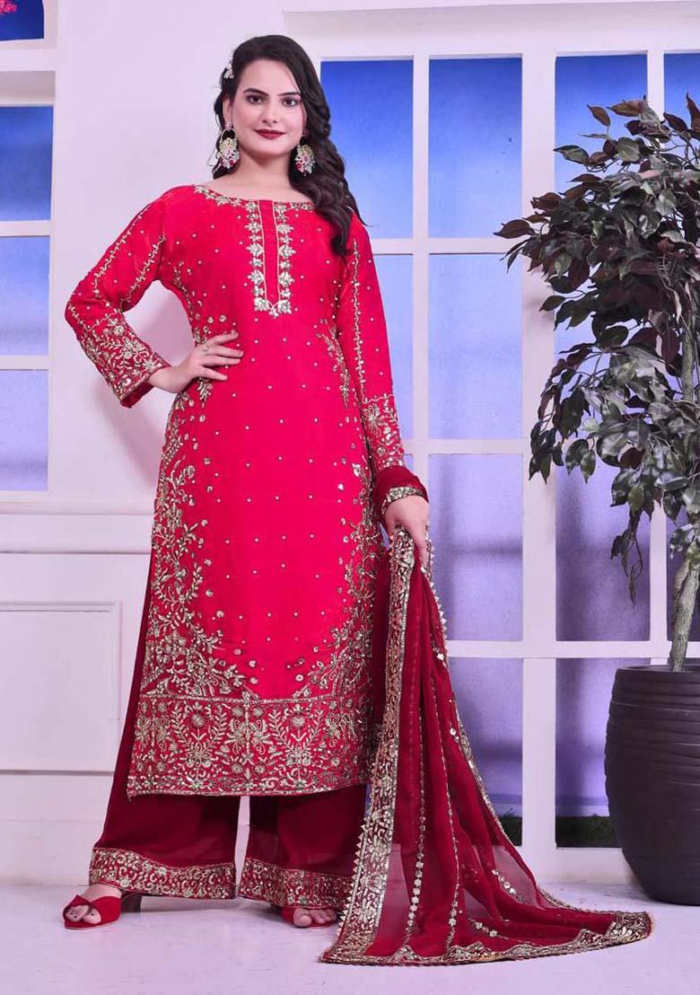 Red Silk Embroidered Salwar Kameez With Dupptta