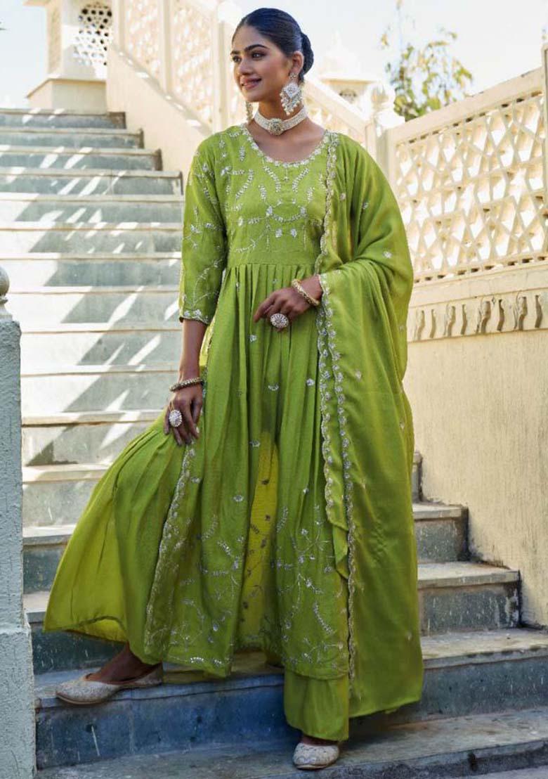 Parrot Green Silk Embroidered Salwar Kameez With Dupptta