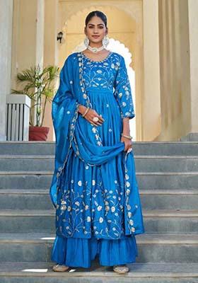 Sky Blue Silk Embroidered Salwar Kameez With Dupptta