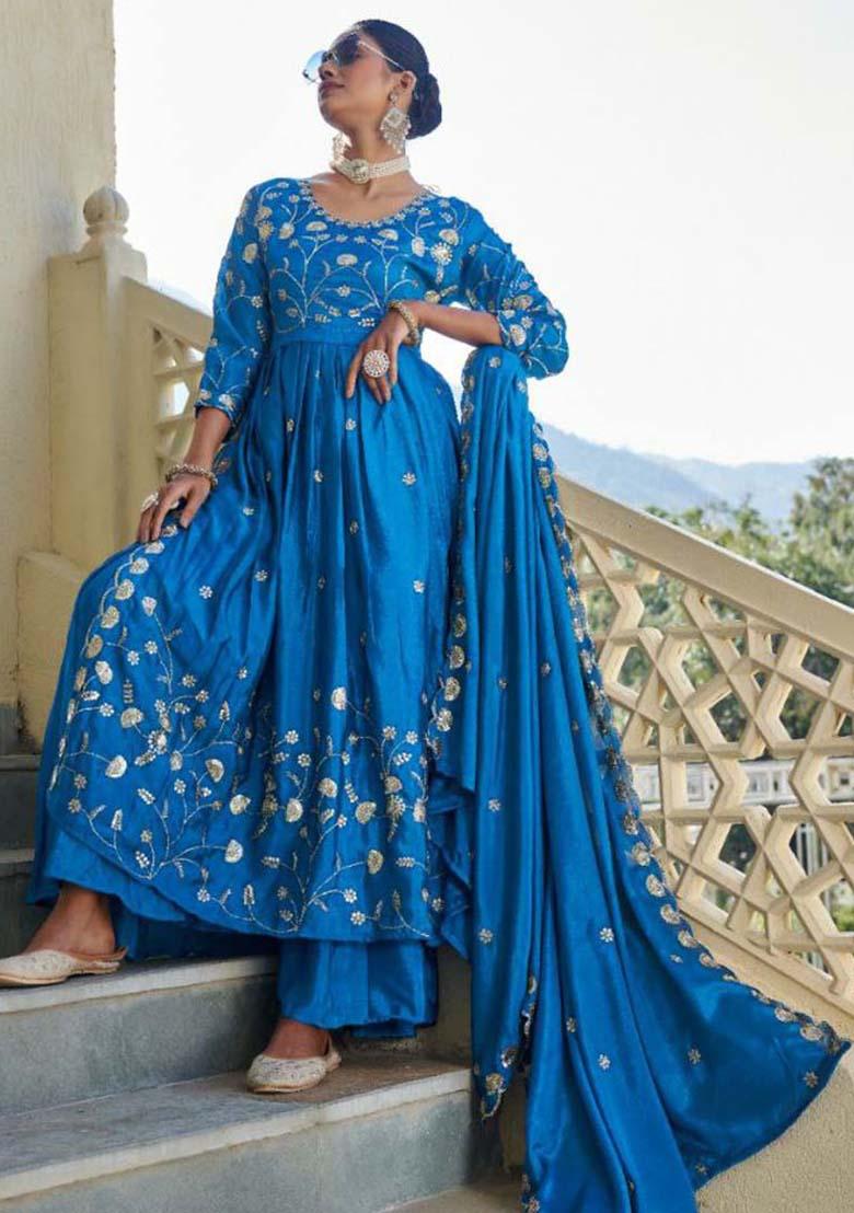Sky Blue Silk Embroidered Salwar Kameez With Dupptta