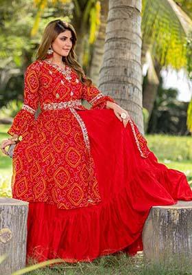Red Poly Blend Embroidered Salwar Kameez