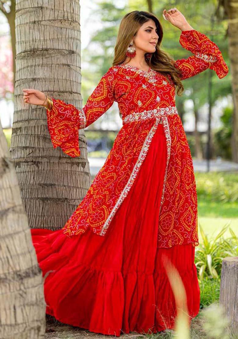 Red Poly Blend Embroidered Salwar Kameez