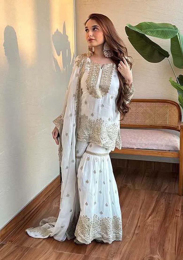 Off White Silk Embroidered Salwar Kameez With Dupptta