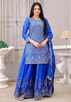 Royal Blue Silk Embroidered Salwar Kameez With Dupptta