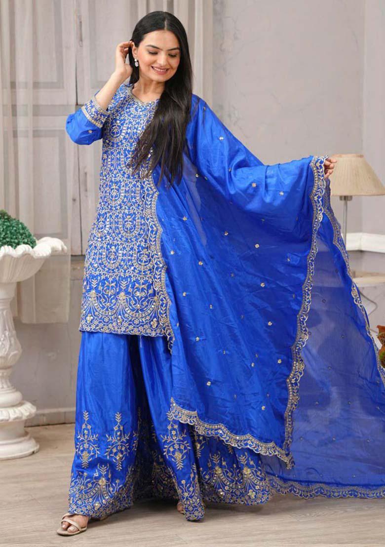 Royal Blue Silk Embroidered Salwar Kameez With Dupptta