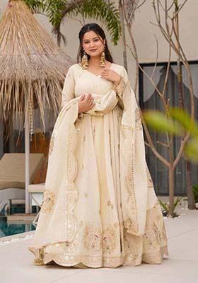 Off White Silk Sequin Embroidered Salwar Kameez