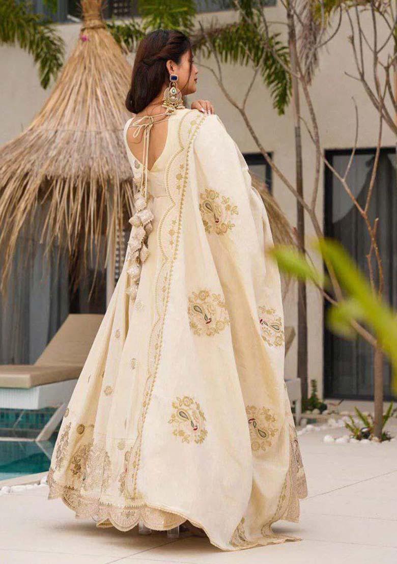 Off White Silk Sequin Embroidered Salwar Kameez