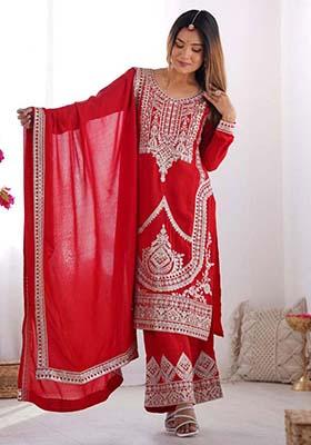 Red Silk Embroidered Salwar Kameez With Dupptta