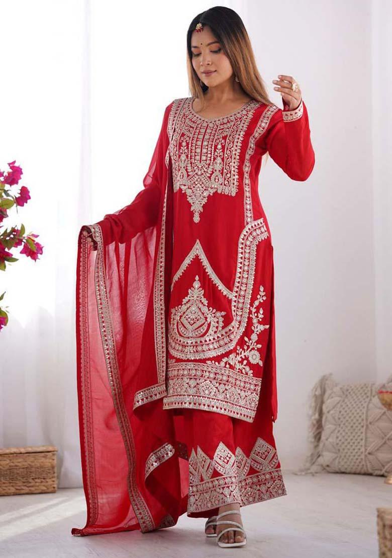 Red Silk Embroidered Salwar Kameez With Dupptta